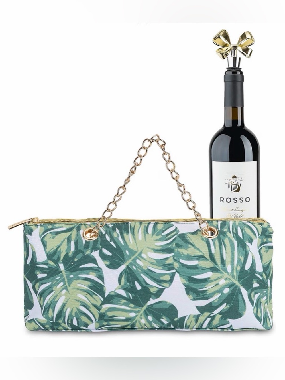 NWOT Green Tropical Leaf Chain-Handle Insulated  Clutch with Gold Chain Strap